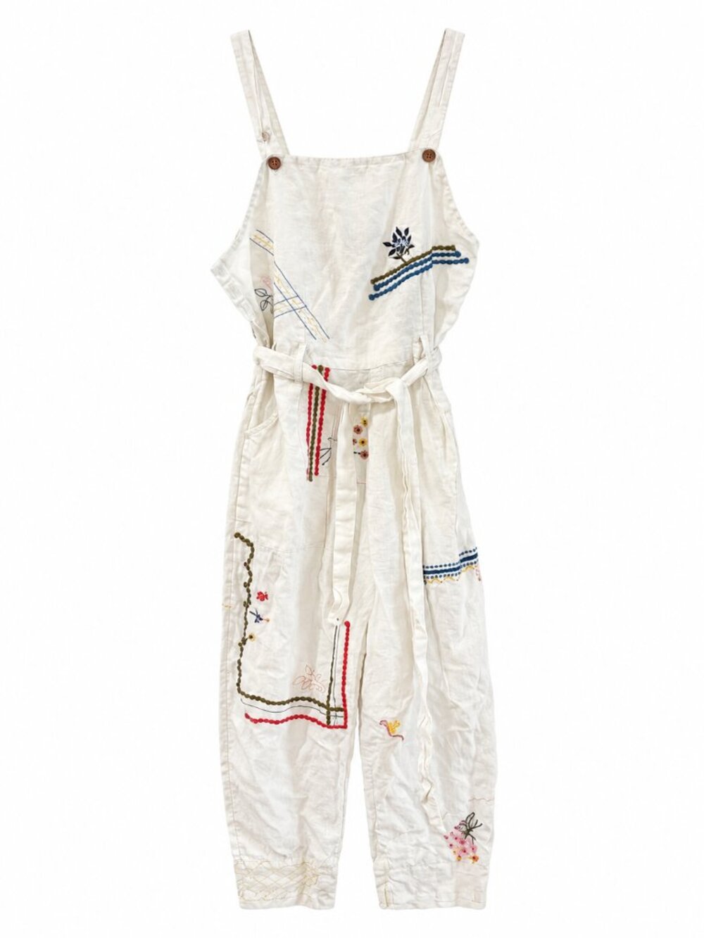 By Anthropologie Embroidered Linen Jumpsuit XS Ivory Boho Overalls